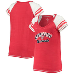 Washington Nationals Soft as a Grape Women's Curvy Color Block Tri-Blend Raglan V-Neck T-Shirt - Red - MLB Lifestyle