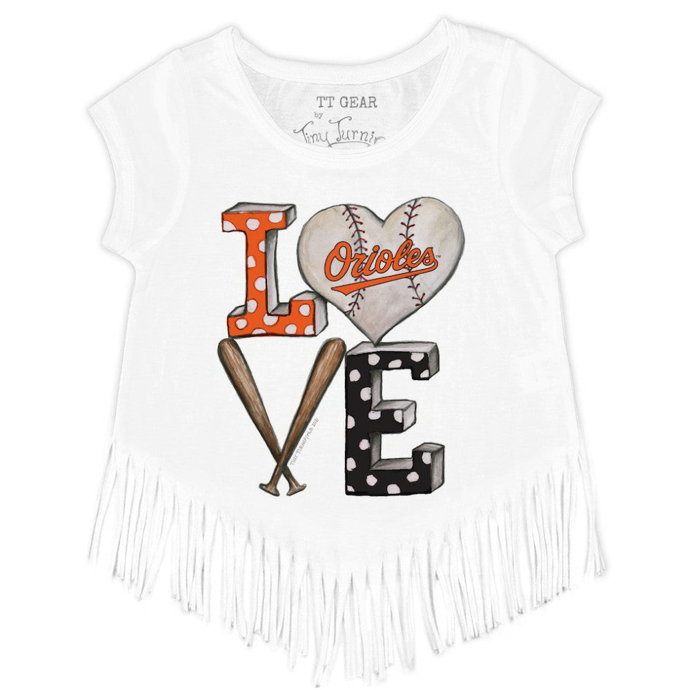 Baltimore Orioles Tiny Turnip Girls Youth Baseball Love Fringe T-Shirt - White - MLB Discount