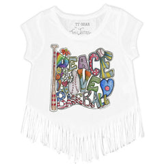 Chicago Cubs Tiny Turnip Girls Youth Peace Love Baseball Fringe T-Shirt - White - MLB Discount