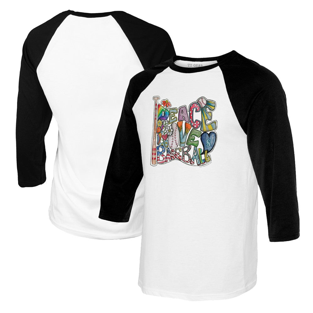 Seattle Mariners Tiny Turnip Women's Peace Love Baseball 3/4-Sleeve Raglan T-Shirt - White/Black - MLB Online
