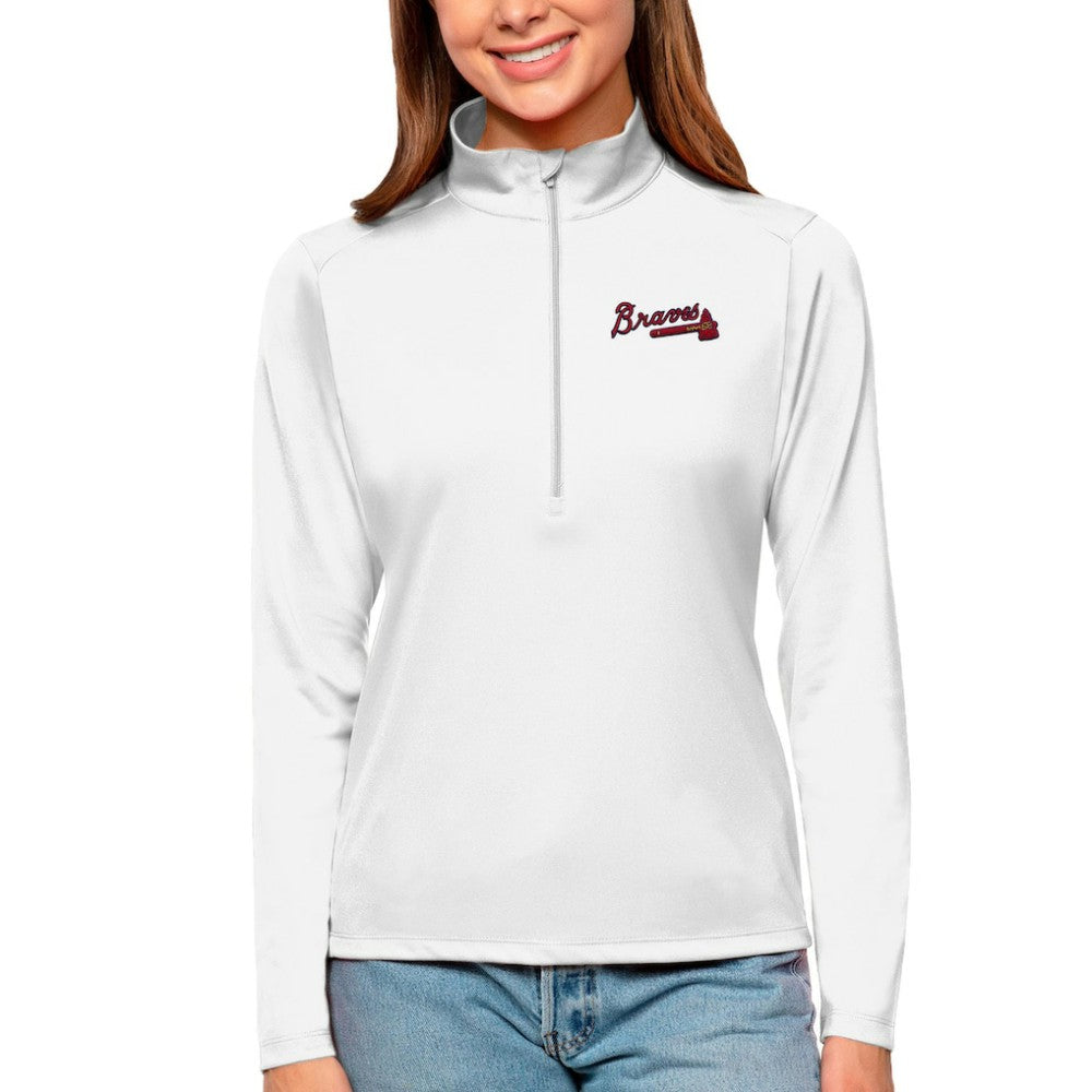 Atlanta Braves Antigua Women's Tribute Quarter-Zip Pullover Top - White - MLB on Sale