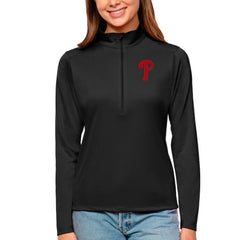 Philadelphia Phillies Antigua Women's Tribute Quarter-Zip Pullover Top - Black - MLB Sale