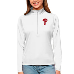 Philadelphia Phillies Antigua Women's Tribute Quarter-Zip Pullover Top - White - MLB on Sale