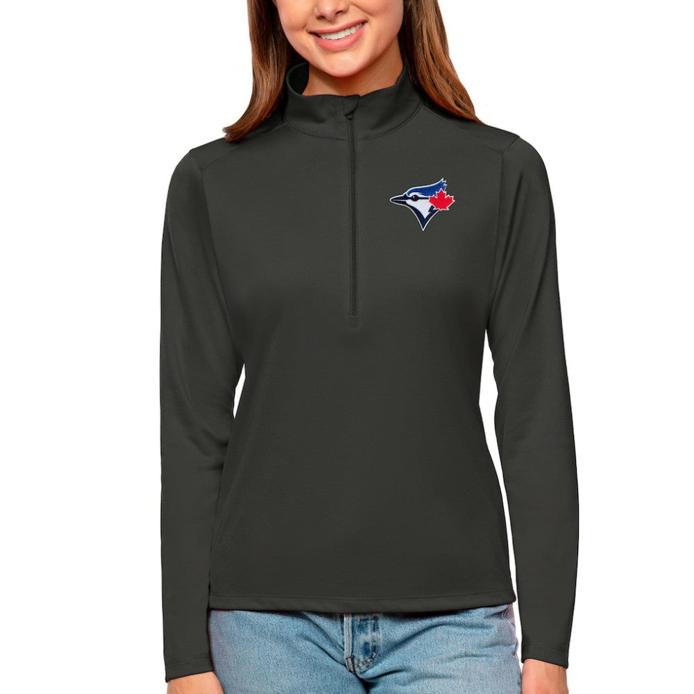 Toronto Blue Jays Antigua Women's Tribute Quarter-Zip Pullover Top - Charcoal - MLB Lifestyle