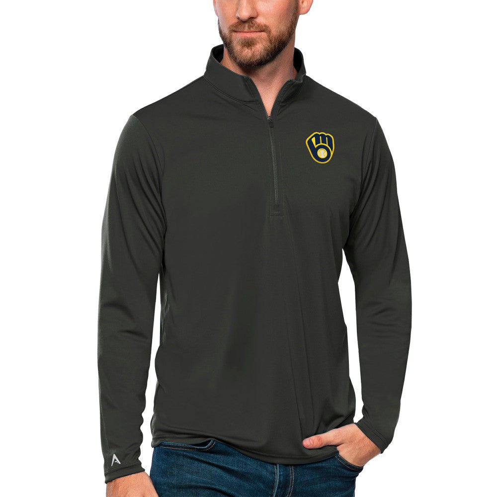 Milwaukee Brewers Antigua Tribute Quarter-Zip Pullover Top - Charcoal - MLB Discount