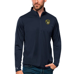 Milwaukee Brewers Antigua Tribute Quarter-Zip Pullover Top - Navy - MLB Lifestyle