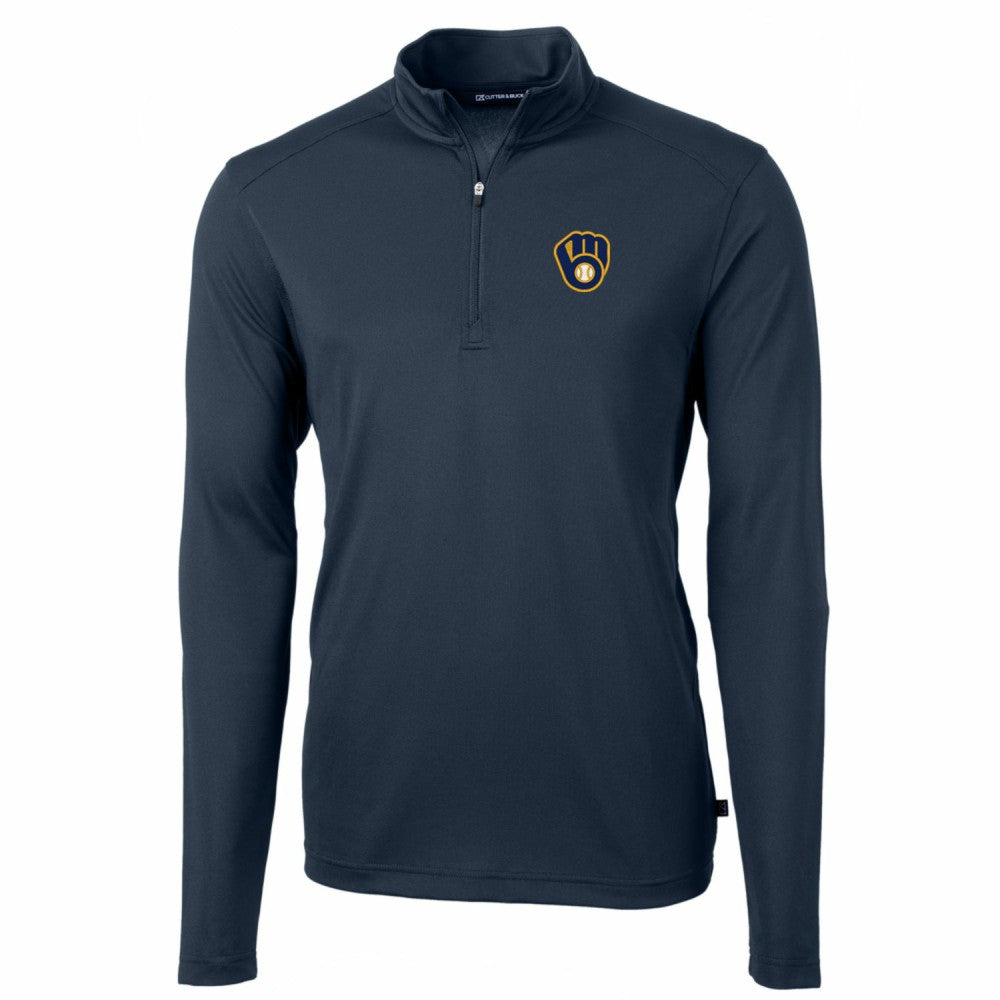 Milwaukee Brewers Cutter & Buck Big & Tall Virtue Eco Pique Quarter-Zip Pullover Jacket - Navy - MLB Discount