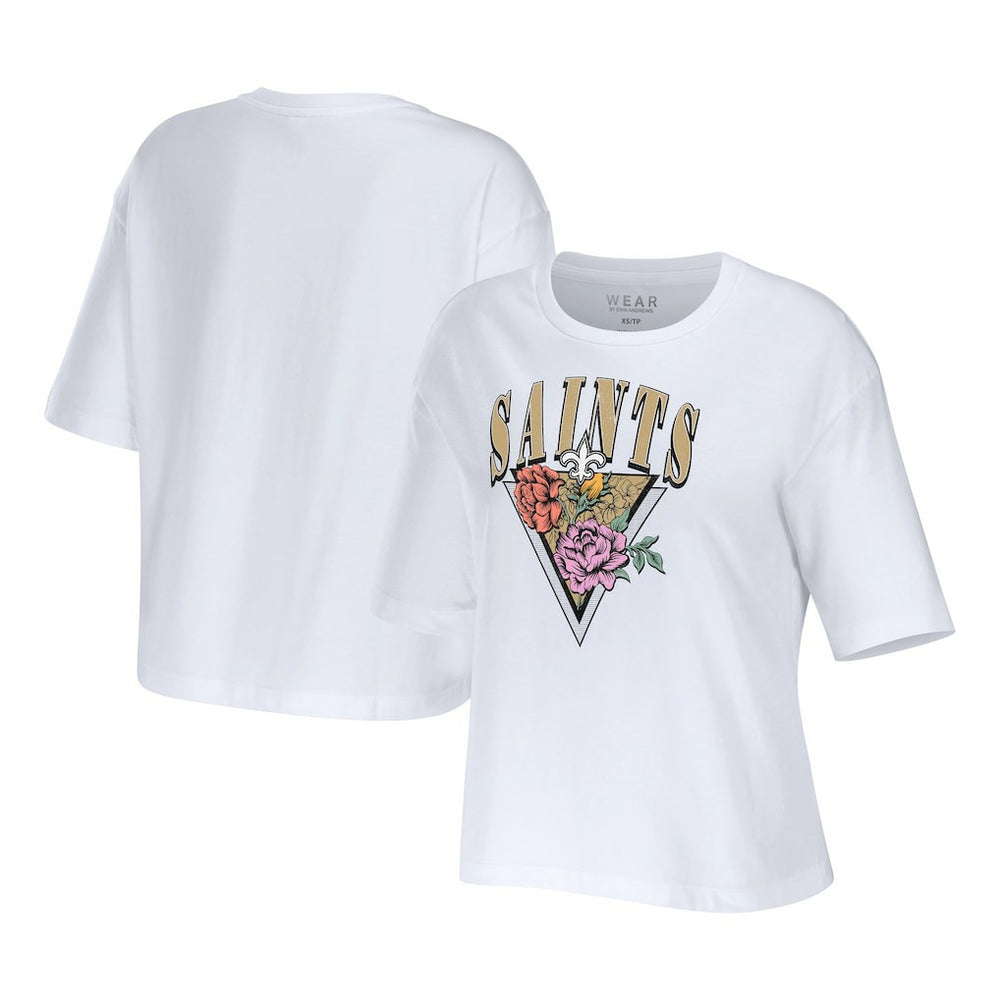 New Orleans Saints WEAR by Erin Andrews Women's Boxy Floral Cropped T-Shirt White