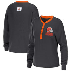 Cleveland Browns WEAR by Erin Andrews Women's Waffle Henley Long Sleeve T-Shirt Charcoal