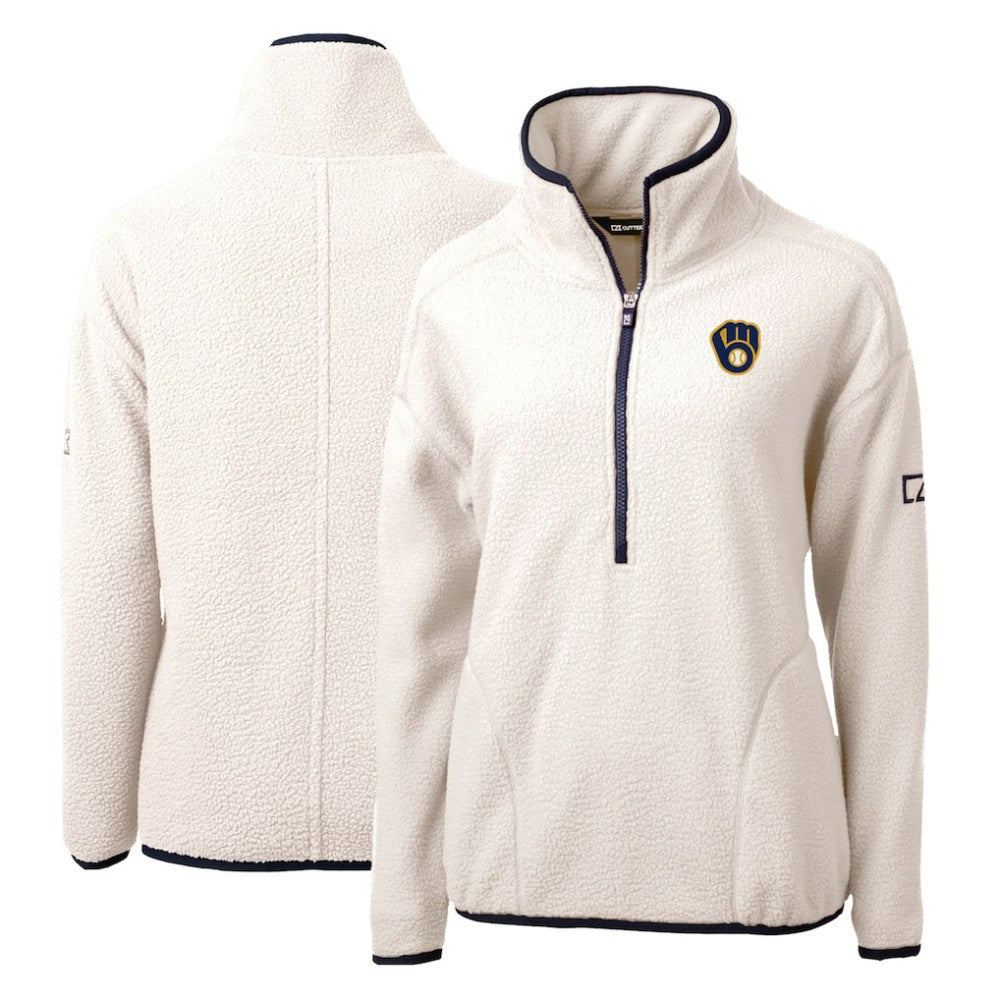 Milwaukee Brewers Cutter & Buck Women's Cascade Eco Sherpa Fleece Quarter-Zip Pullover Jacket - White/Navy - MLB Lifestyle