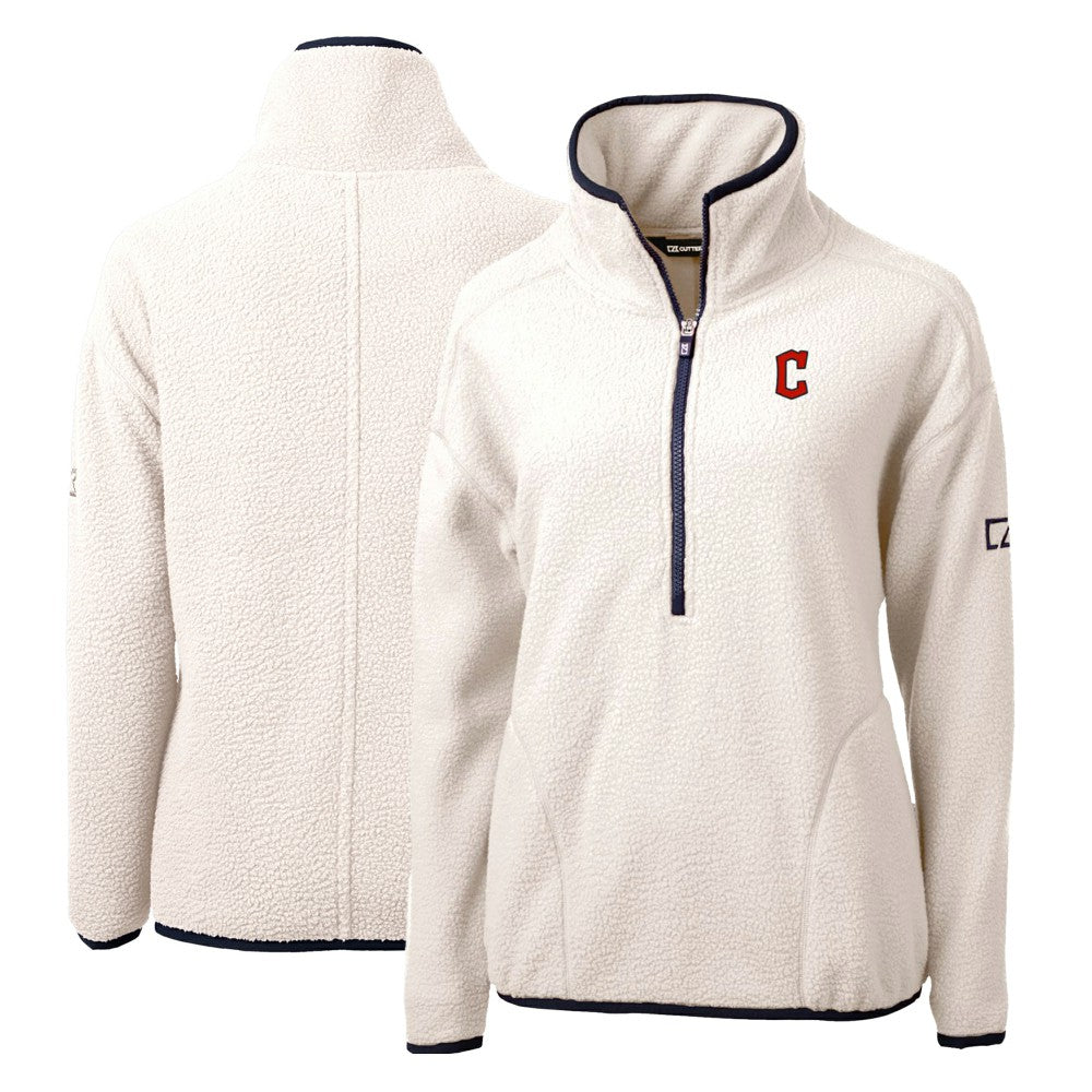 Cleveland Guardians Cutter & Buck Women's Cascade Eco Sherpa Fleece Quarter-Zip Pullover Jacket - White/Navy - MLB Sale
