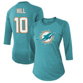 Tyreek Hill Miami Dolphins Majestic Threads Women's Name & Number Raglan 3/4 Sleeve T-Shirt Aqua
