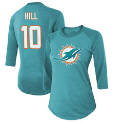 Tyreek Hill Miami Dolphins Majestic Threads Women's Name & Number Raglan 3/4 Sleeve T-Shirt Aqua