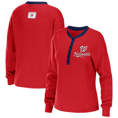 Washington Nationals WEAR by Erin Andrews Women's Waffle Henley Long Sleeve T-Shirt - Red - MLB Sale