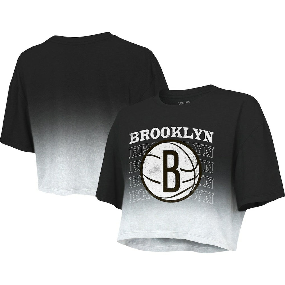 Brooklyn Nets Majestic Threads Women's Repeat Dip-Dye Cropped T-Shirt Black/White