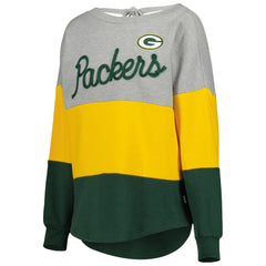 Green Bay Packers Touch Women's Outfield Deep V-Back Waist Length Pullover Sweatshirt Heather Gray/Green