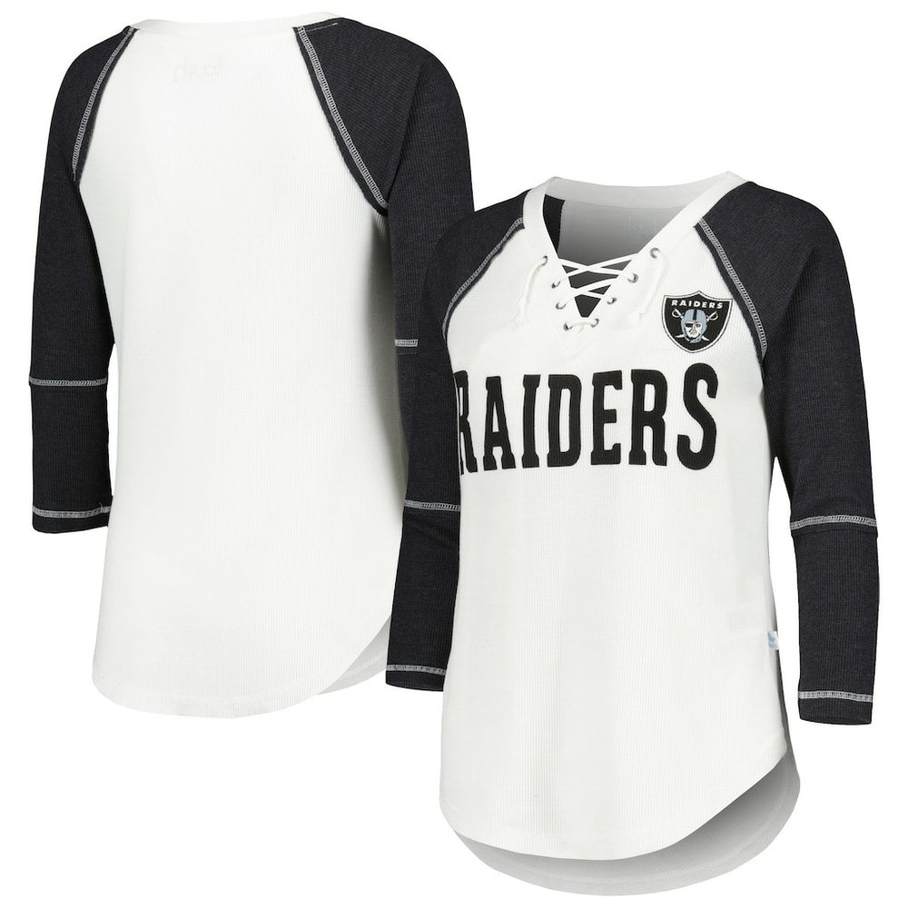 Las Vegas Raiders Touch Women's Rebel Raglan Tri-Blend 3/4-Sleeve Lace-Up V-Neck T-Shirt White/Black