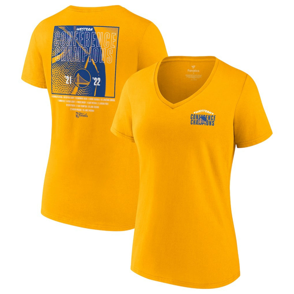 Golden State Warriors Women's 2022 Western Conference Champions Balanced Attack Roster V-Neck T-Shirt for sale Gold | Fanatics Near Me