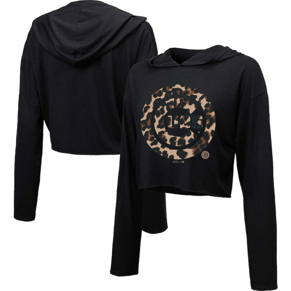 Chicago Cubs Majestic Threads Women's Leopard Cropped Hoodie - Black - MLB Discount
