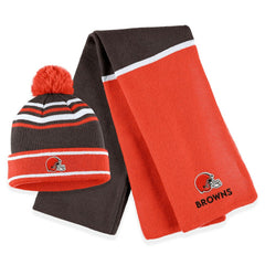 Cleveland Browns WEAR by Erin Andrews Women's Colorblock Cuffed Knit Hat with Pom and Scarf Set Orange