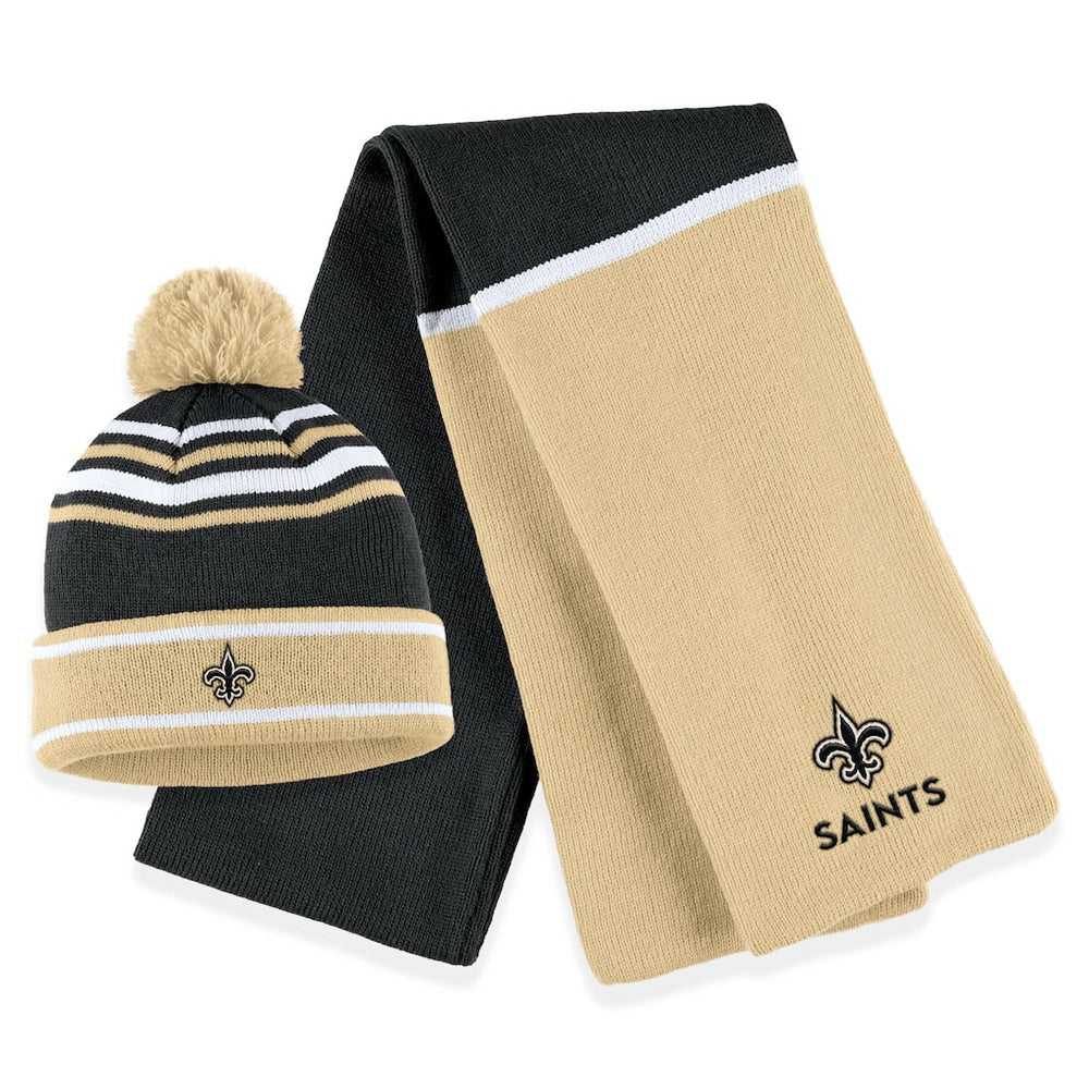 New Orleans Saints WEAR by Erin Andrews Women's Colorblock Cuffed Knit Hat with Pom and Scarf Set Black