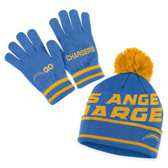 Los Angeles Chargers WEAR by Erin Andrews Women's Double Jacquard Cuffed Knit Hat with Pom and Gloves Set Powder Blue