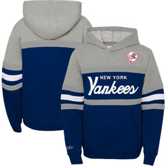 New York Yankees Mitchell & Ness Youth Cooperstown Collection Head Coach Pullover Hoodie - Heather Gray/Navy - Mitchell & Ness Lifestyle