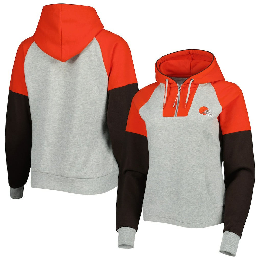Cleveland Browns Antigua Women's Lightweight Jackpot Raglan Half-Zip Pullover Hoodie Heather Gray