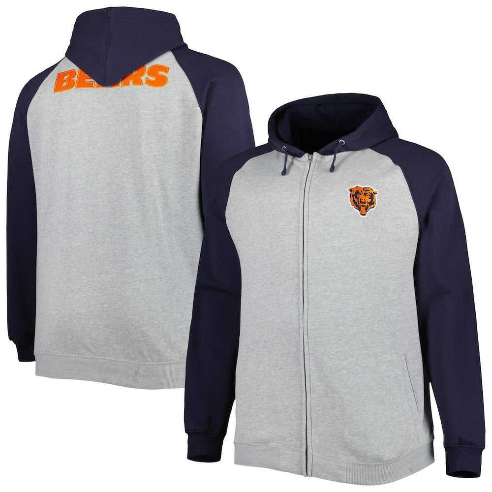Chicago Bears Big & Tall Fleece Raglan Full-Zip Hoodie Jacket Heather Gray