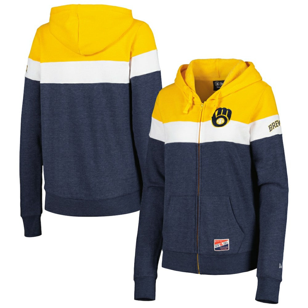 Milwaukee Brewers New Era Women's Colorblock Full-Zip Hoodie Jacket - Heather Navy - New Era on Sale