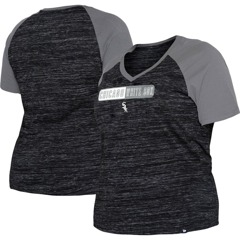 Chicago White Sox New Era Women's Plus Size Space Dye Raglan V-Neck T-Shirt - Black - New Era Lifestyle