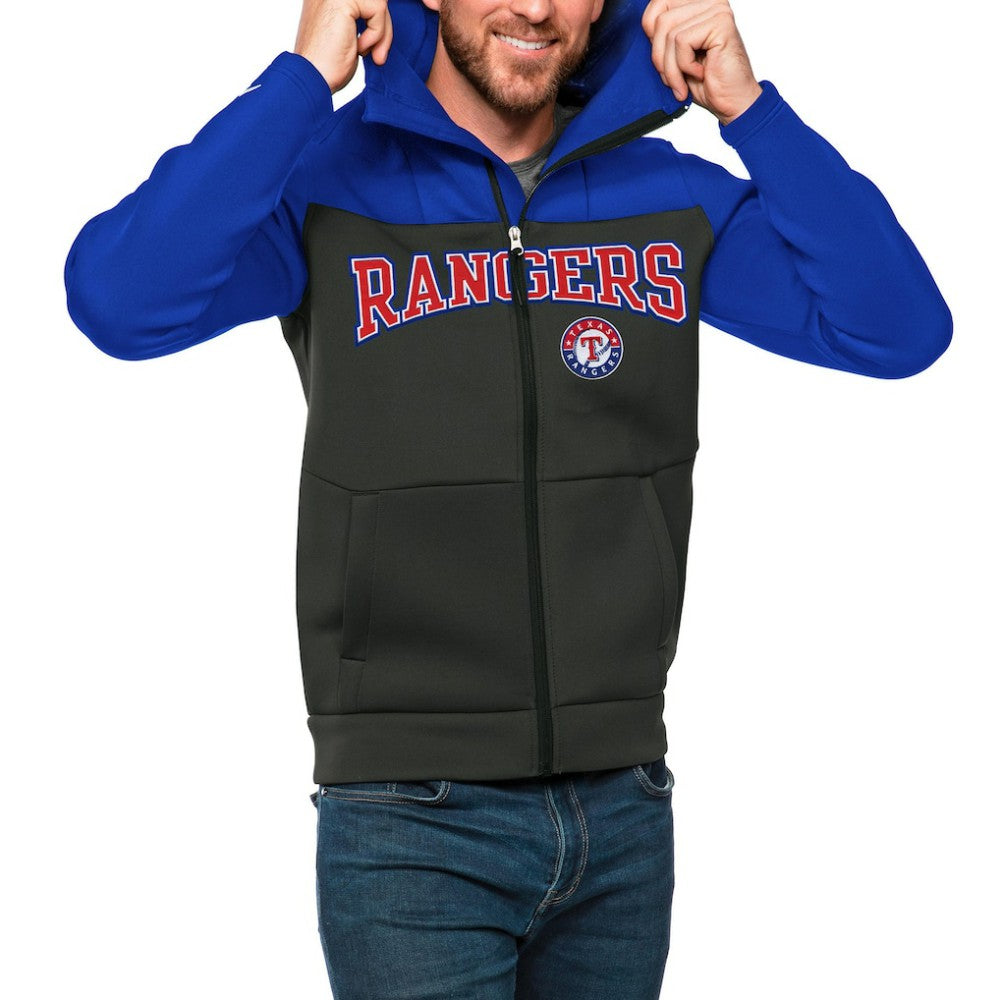 Texas Rangers Antigua Wordmark Protect Full-Zip Hoodie - Royal/Charcoal - MLB Lifestyle