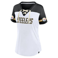 Fanatics Pittsburgh Steelers Women's Dueling Slant V-Neck Lace-Up T-Shirt White