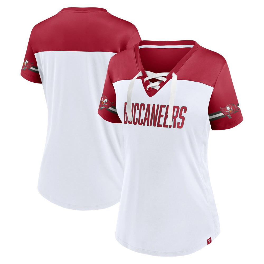 Fanatics Tampa Bay Buccaneers Women's Dueling Slant V-Neck Lace-Up T-Shirt White