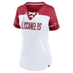 Fanatics Tampa Bay Buccaneers Women's Dueling Slant V-Neck Lace-Up T-Shirt White