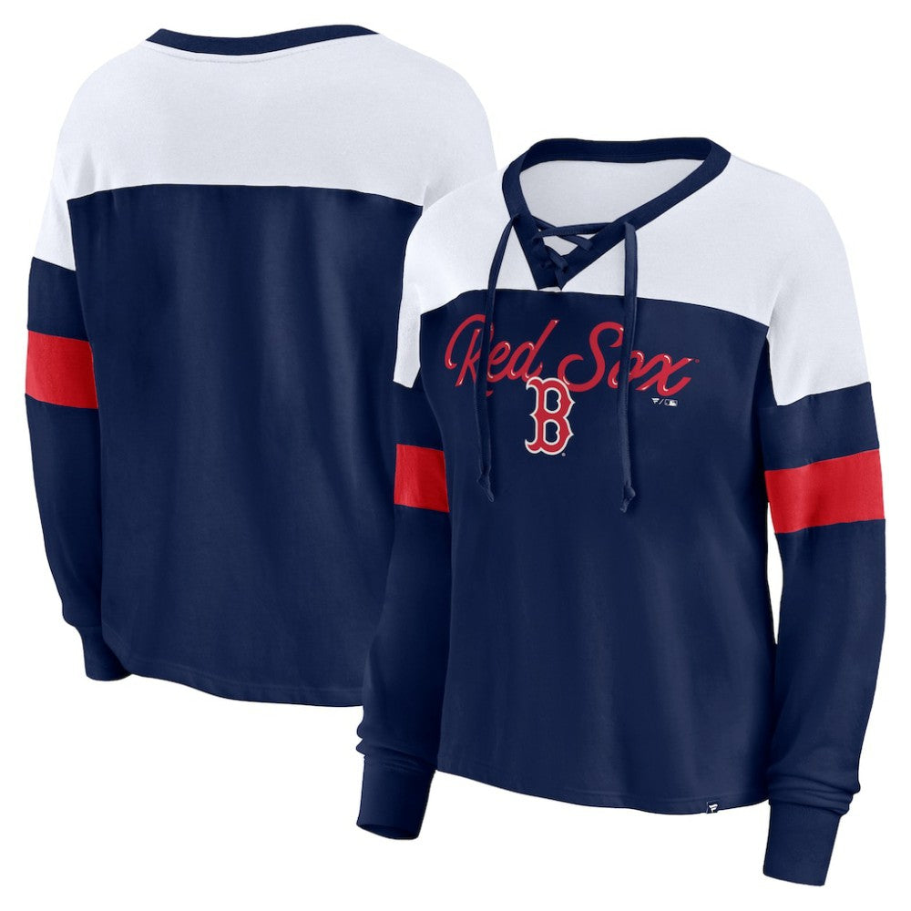 Boston Red Sox Fanatics Women's Even Match Lace-Up Long Sleeve V-Neck T-Shirt - Navy/White - Fanatics Online