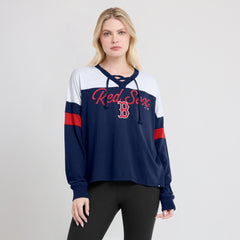 Boston Red Sox Fanatics Women's Even Match Lace-Up Long Sleeve V-Neck T-Shirt - Navy/White - Fanatics Online
