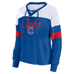 Chicago Cubs Fanatics Women's Even Match Lace-Up Long Sleeve V-Neck T-Shirt - Royal/White - Fanatics Lifestyle