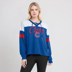 Chicago Cubs Fanatics Women's Even Match Lace-Up Long Sleeve V-Neck T-Shirt - Royal/White - Fanatics Lifestyle