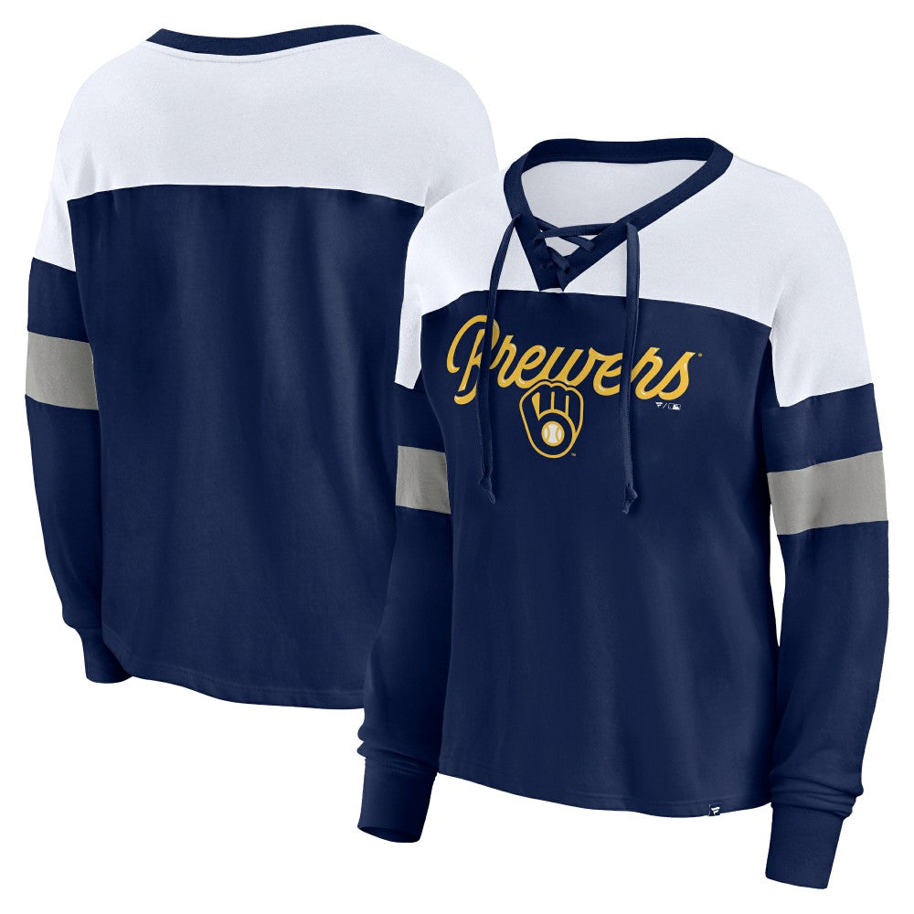 Milwaukee Brewers Fanatics Women's Even Match Lace-Up Long Sleeve V-Neck T-Shirt - Navy/White - Fanatics Online