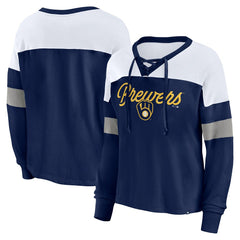 Milwaukee Brewers Fanatics Women's Even Match Lace-Up Long Sleeve V-Neck T-Shirt - Navy/White - Fanatics Online