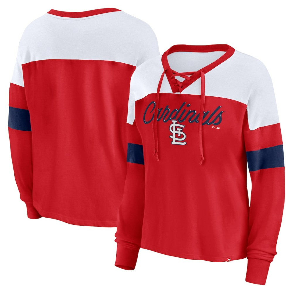 St. Louis Cardinals Fanatics Women's Even Match Lace-Up Long Sleeve V-Neck T-Shirt - Red/White - Fanatics Lifestyle