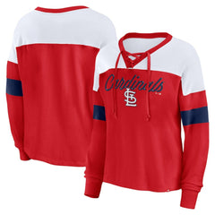 St. Louis Cardinals Fanatics Women's Even Match Lace-Up Long Sleeve V-Neck T-Shirt - Red/White - Fanatics Lifestyle