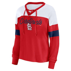 St. Louis Cardinals Fanatics Women's Even Match Lace-Up Long Sleeve V-Neck T-Shirt - Red/White - Fanatics Lifestyle