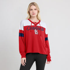 St. Louis Cardinals Fanatics Women's Even Match Lace-Up Long Sleeve V-Neck T-Shirt - Red/White - Fanatics Lifestyle