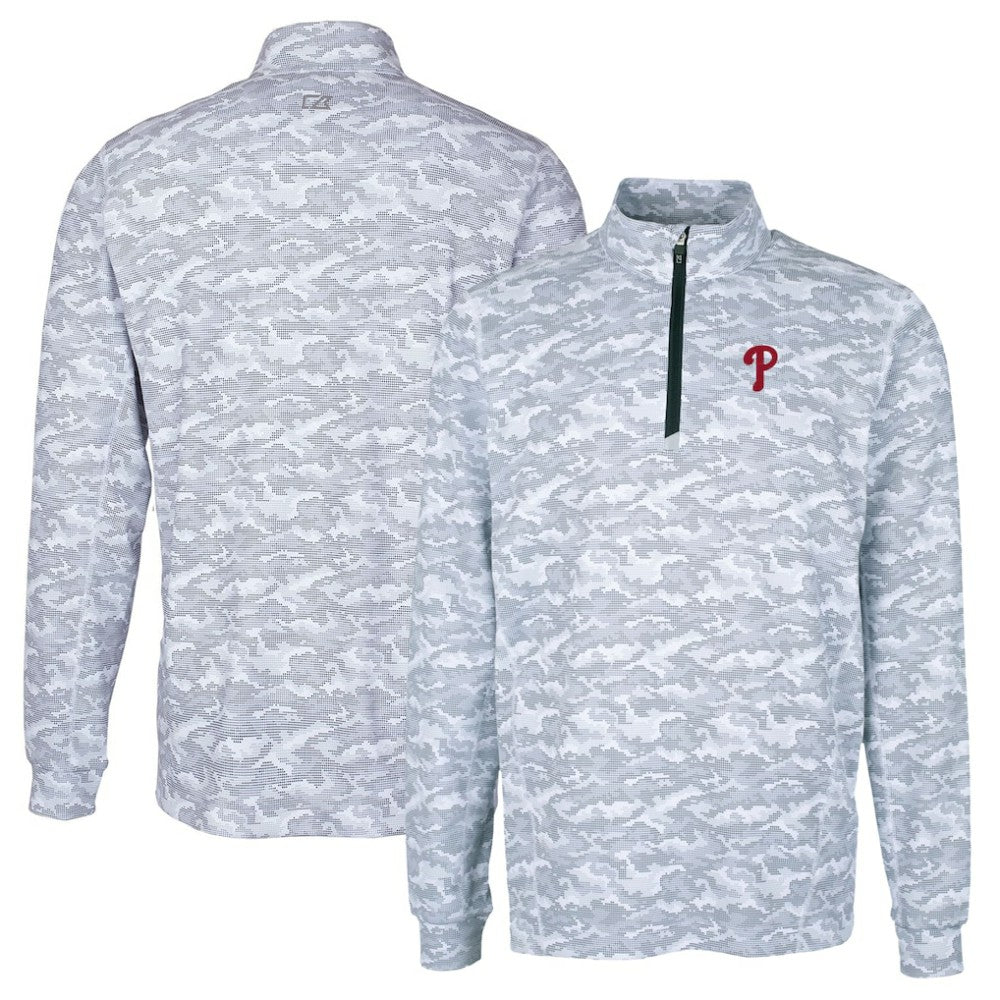 Philadelphia Phillies Cutter & Buck Big & Tall Traverse Camo Print Stretch Quarter-Zip Pullover Top - Charcoal - MLB Sale