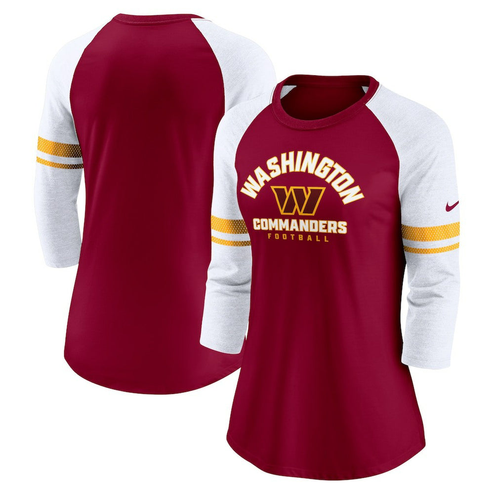 Nike Washington Commanders Women's Fashion 3/4-Sleeve Lightweight Raglan Fashion T-Shirt Burgundy