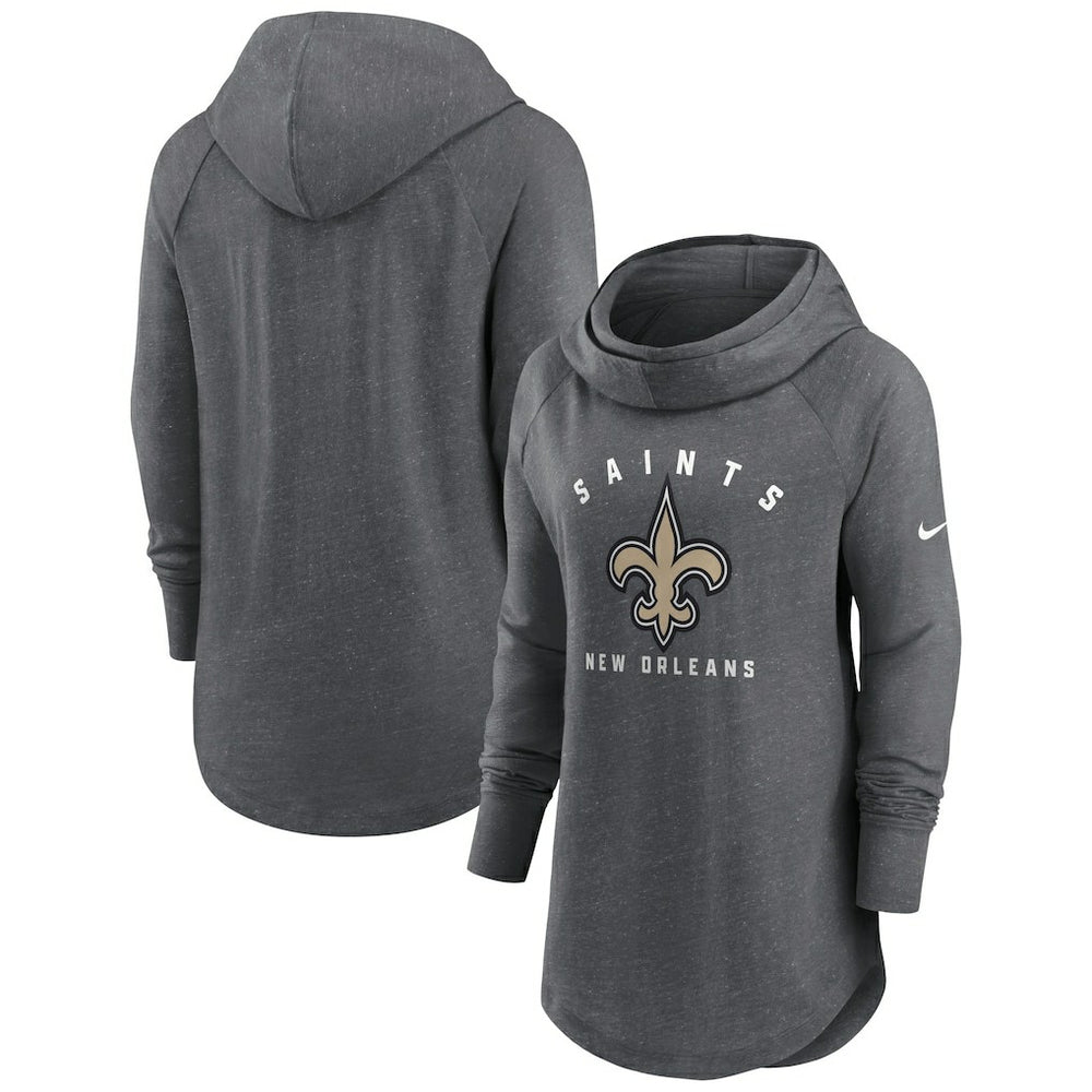 Nike New Orleans Saints Women's Raglan Funnel Neck Pullover Hoodie Heather Charcoal