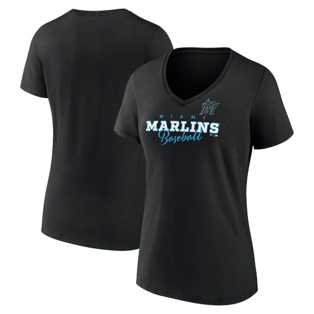 Miami Marlins Women's Back In Business V-Neck T-Shirt - Black - MLB Discount
