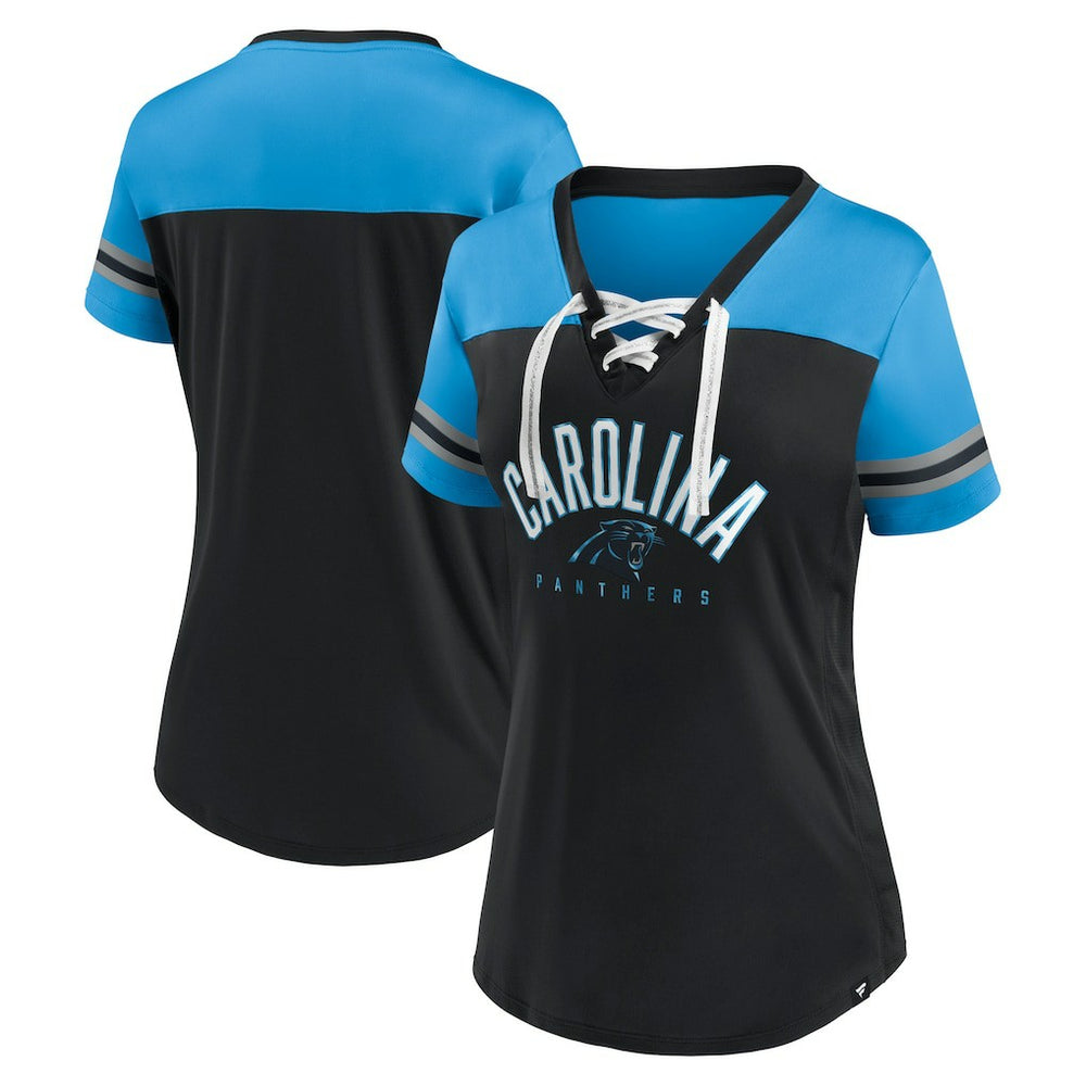 Fanatics Carolina Panthers Women's Blitz & Glam Lace-Up V-Neck Jersey T-Shirt Black/Blue